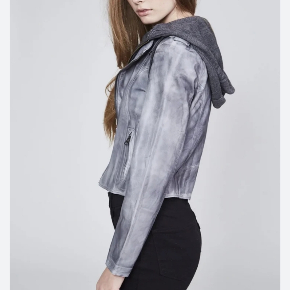 JKT NYC Molly Patina Moto Leather Jacket Steel/Charcoal S